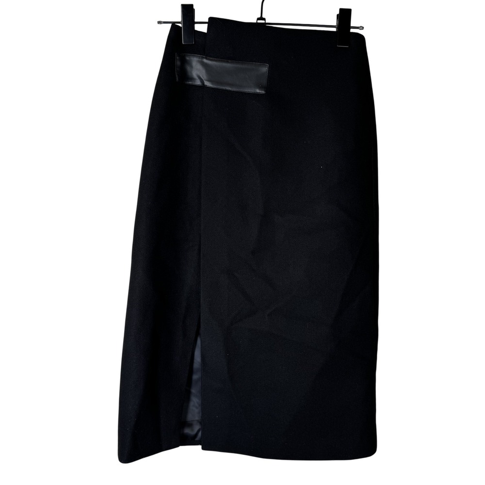 Commense‎ Skirt Womens XS Black Midi Slit Faux Leather Detail High Waist New